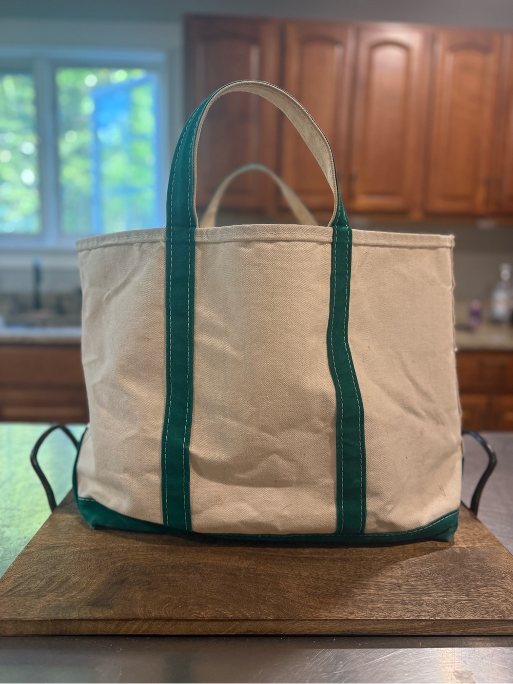 L.L. Bean 1990's Vintage Large Canvas Boat & Tote in Natural with Green Trim